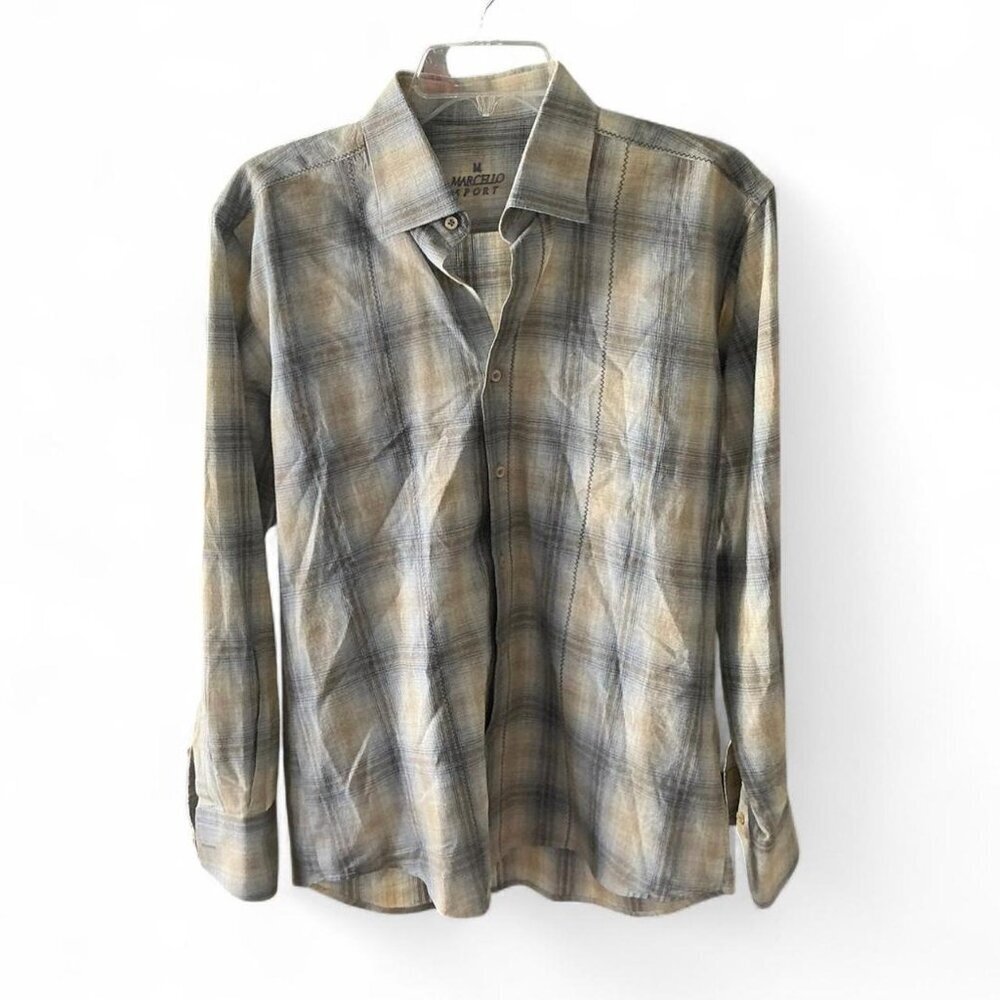Marcello Sport Men’s Tan and Blue‎ Plaid Button Down Long Sleeve Shirt Medium